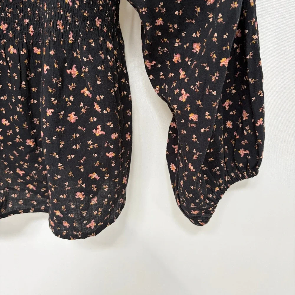Madewell Smocked Floral Puff Sleeve Blouse 12 Black‎ Womens NWT Boho Square Neck